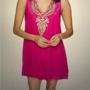 Lily Pulitzer Sleeveless Embroidered V-Neck Mini Dress in Hot Pink